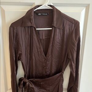 Zara Rich Deep Brown Long Sleeve Wrap Dress